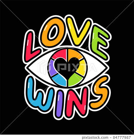 Rainbow eye with heart. Love wins quote slogan. Vector hand drawn cartoon illustration icon. Peace, love wins, gay rainbow eye, lgbt friendly print for t-shirt,poster concept Rainbow eye with heart. Love wins quote slogan. Vector hand drawn cartoon illustration icon. Peace, love wins, gay rainbow eye, lgbt friendly print for t-shirt,poster concept 84777987