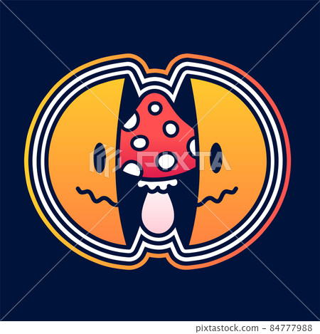 Two half of smile face with amanita mushroom inside. Vector hand drawn doodle 90s style cartoon character logo illustration. Isolated on white background. Trippy smile face, amanita mushroom concept Two half of smile face with amanita mushroom inside. Vector hand drawn doodle 90s style cartoon character logo illustration. Isolated on white background. Trippy smile face, amanita mushroom concept 84777988
