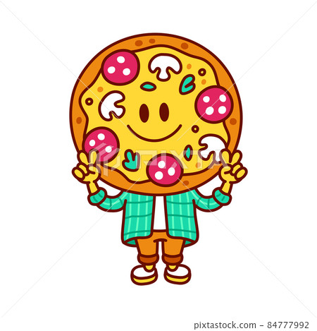 Cute funny happy pizza show peace gesture. Vector doodle line cartoon kawaii character illustration icon. Isolated on white background. Pizza cartoon mascot concept Cute funny happy pizza show peace gesture. Vector doodle line cartoon kawaii character illustration icon. Isolated on white background. Pizza cartoon mascot concept 84777992