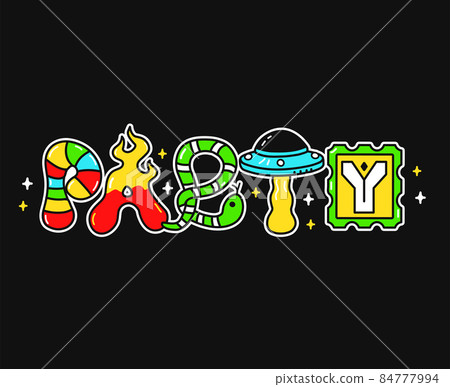 Party word,trippy psychedelic style letters.Vector hand drawn doodle cartoon character illustration.Funny cool trippy letters,party,acid fashion print for t-shirt,poster concept Party word,trippy psychedelic style letters.Vector hand drawn doodle cartoon character illustration.Funny cool trippy letters,party,acid fashion print for t-shirt,poster concept 84777994