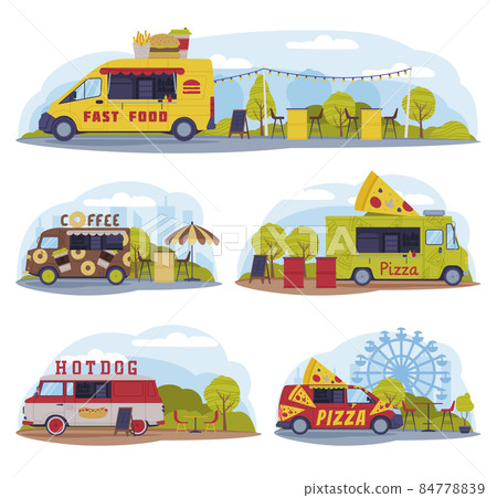 Food Truck as Equipped Motorized Vehicle for Cooking and Selling Street Food Rested in Park Vector Set 84778839