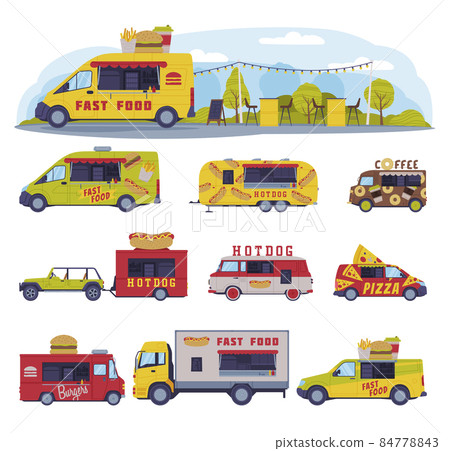 Food Truck as Equipped Motorized Vehicle for Cooking and Selling Street Food Vector Set 84778843