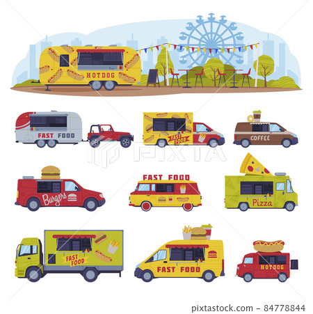 Food Truck as Equipped Motorized Vehicle for Cooking and Selling Street Food Vector Set 84778844