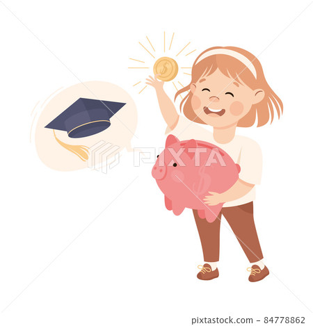 Little Girl Putting Coin in Piggy Bank Engaged... - Stock Illustration ...