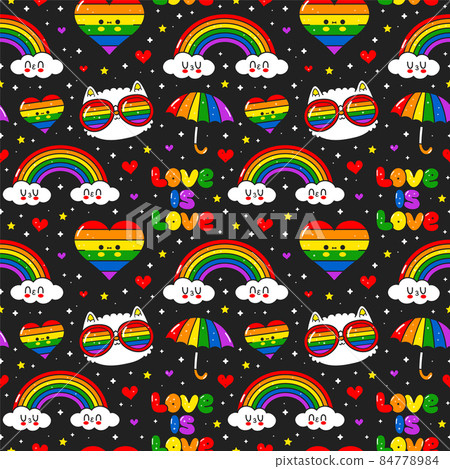 Cute kawaii Gay,LGBT seamless pattern. Vector doodle cartoon character illustration design. Gay,lgbt rigts,rainbow,heart seamless pattern print design for poster, t-shirt concept Cute kawaii Gay,LGBT seamless pattern. Vector doodle cartoon character illustration design. Gay,lgbt rigts,rainbow,heart seamless pattern print design for poster, t-shirt concept 84778984