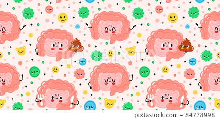 Cute funny intestine organ with good bacterias,microflora seamless pattern. Vector cartoon kawaii character illustration. Intestine,microflora,bacteria,probiotics character seamless pattern concept Cute funny intestine organ with good bacterias,microflora seamless pattern. Vector cartoon kawaii character illustration. Intestine,microflora,bacteria,probiotics character seamless pattern concept 84778998