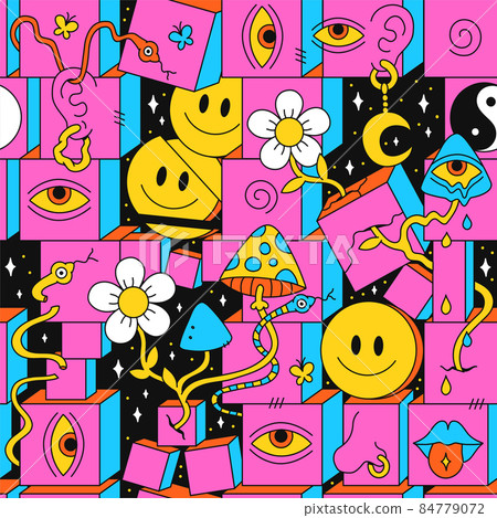 Crazy trippy 60s style psychedelic geometry seamless pattern.Vector crazy illustration.Smile groovy faces,magic mushrooms,eyes,snakes,techno,acid,trippy style seamless pattern wallpaper print concept 84779072