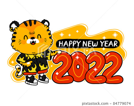 Cute happy funny 2022 New Year symbol tiger and numbers. Vector cartoon kawaii character illustration icon. Isolated on white background. Tiger symbol of New Year 2022 character concept Cute happy funny 2022 New Year symbol tiger and numbers. Vector cartoon kawaii character illustration icon. Isolated on white background. Tiger symbol of New Year 2022 character concept 84779074