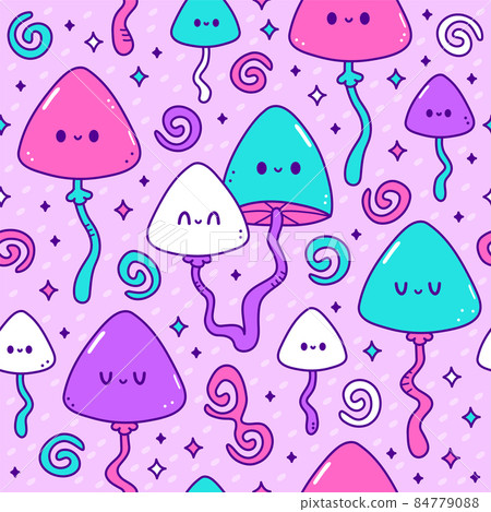 Cute happy smile magic mushroom,psilocybin seamless pattern. Vector cartoon character illustration.Hippie,magic mushroom,psilocybin,acid,groovy,60s,70s,psychedelic trippy seamless pattern concept 84779088