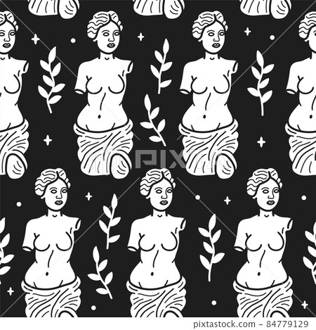 Ancient Greek Venus statue monochrome seamless pattern. Vector black and white hand drawn doodle line cartoon character illustration. Venera, Venus Greek, Greece statue print seamless pattern concept Ancient Greek Venus statue monochrome seamless pattern. Vector black and white hand drawn doodle line cartoon character illustration. Venera, Venus Greek, Greece statue print seamless pattern concept 84779129