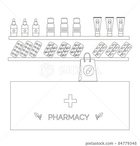 Pharmacy interior with pills, line vector illustration. Shop with medicines.  84779348