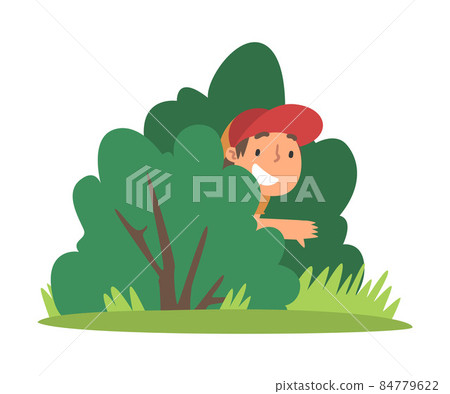 Little Boy in Cap Playing Hide and Seek Concealing Behind Green Bush Vector Illustration Little Boy in Cap Playing Hide and Seek Concealing Behind Green Bush Vector Illustration 84779622
