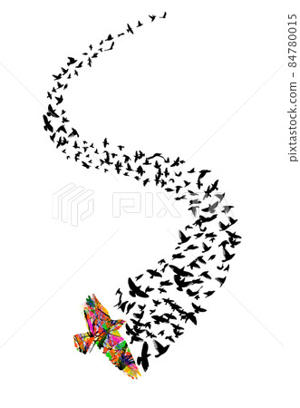 Colorful flying birds. Starlings migrating to the south. Abstraction from birds. Vector illustration Colorful flying birds. Starlings migrating to the south. Abstraction from birds. Vector illustration 84780015