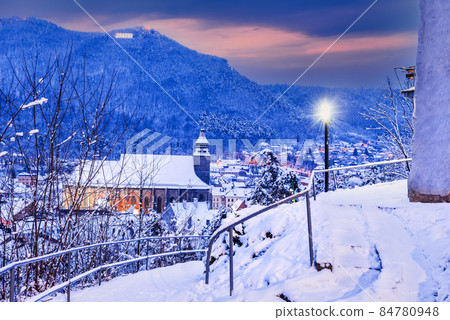 Brasov, Transylvania - Winter frozen landscape with medieval Romania Brasov, Transylvania - Winter frozen landscape with medieval Romania 84780948
