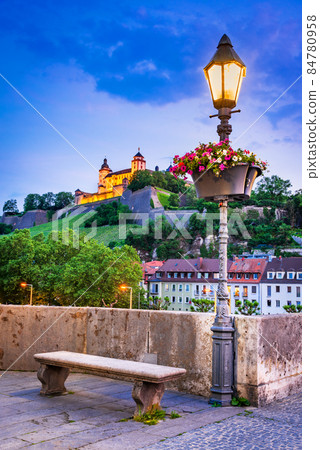 Wurzburg, Germany. Alte Mainbrucke and Marienberg Fortress, twilight 84780958