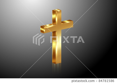 3d gold cross of light, shiny Cross with golden foil texture, symbol of christianity. Symbol of hope and faith. Vector illustration isolated on black gradient background 84781586