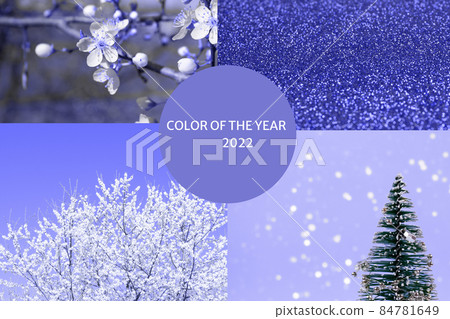 Color of the year 2022 concept. Collage with several toned images in trendy lilac color. Blooming cherry tree, abstract violet background and Christmas tree. Selective focus Color of the year 2022 concept. Collage with several toned images in trendy lilac color. Blooming cherry tree, abstract violet background and Christmas tree. Selective focus 84781649