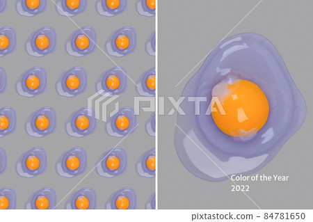Color of the year 2022 and 2021 concept. Collage made with toned egg yolks, fresh organic chicken egg in trendy lilac color on gray background, selective focus. World egg day. 84781650