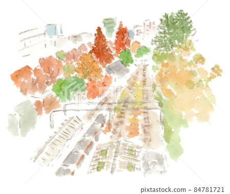市內的紅葉:從四谷站天橋俯瞰市谷方向的鐵軌景觀(水彩插圖) 市內的紅葉:從四谷站天橋俯瞰市谷方向的鐵軌景觀(水彩插圖) 84781721