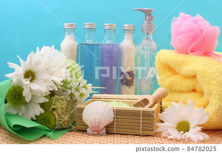 Cosmetics and Spa Products on Bamboo With Towel 84782025