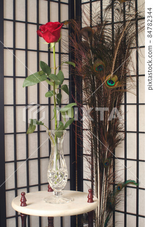 Rose and Peacock Feathers with Shoji Screen Background 84782344