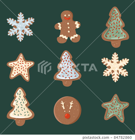 Cute set of 9 gingerbread glazed christmas cookies on green background Cute set of 9 gingerbread glazed christmas cookies on green background 84782860