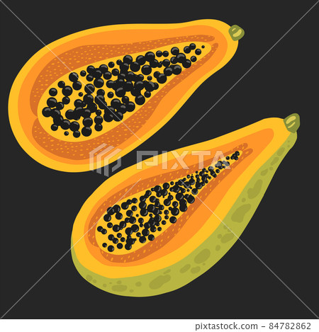 Exotic papaya fruit with seeds on dark background Exotic papaya fruit with seeds on dark background 84782862