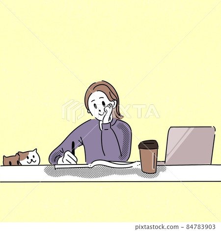 Illustration of a woman relaxing while using a computer 84783903