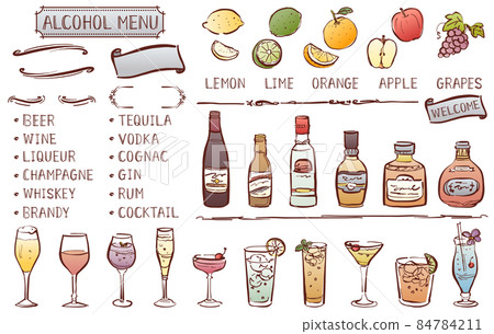 Alcohol menu Illustration material Line drawing Hand-painted color 84784211