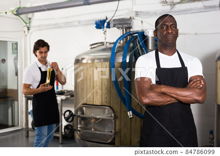 Serious man brewer standing in beer factory during work 84786099
