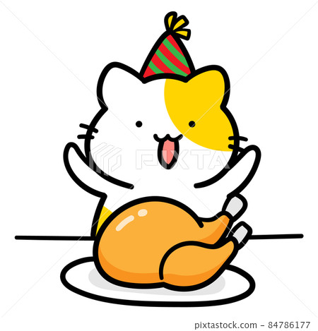 Cute handwritten illustration of a cat eating turkey for Christmas Cute handwritten illustration of a cat eating turkey for Christmas 84786177