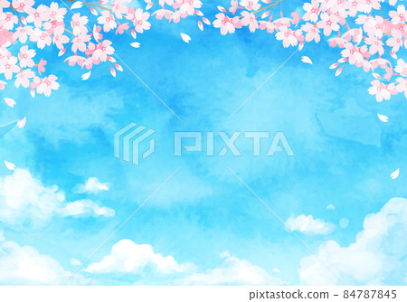 Watercolor vector illustration background of blue sky, clouds and cherry blossoms Watercolor vector illustration background of blue sky, clouds and cherry blossoms 84787845