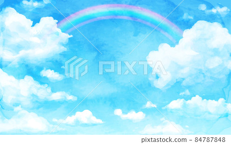 Watercolor vector illustration background of blue sky, clouds and rainbow 84787848