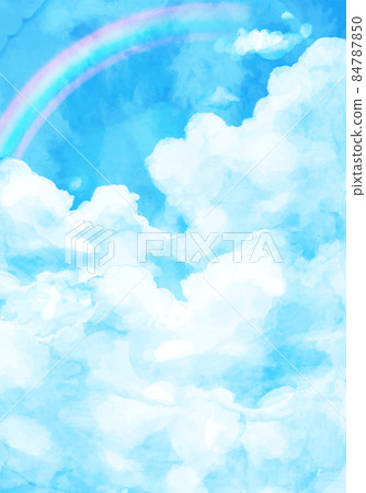 藍天、雲彩和彩虹的水彩矢量圖背景 84787850