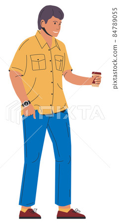 Man in Shirt, Jeans with Glass of Coffee Isolated Man in Shirt, Jeans with Glass of Coffee Isolated 84789055