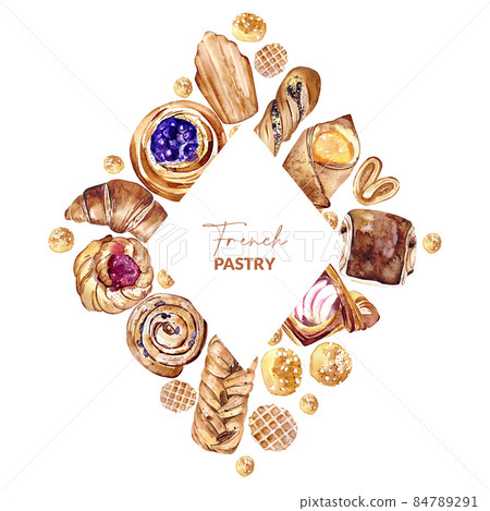 Template with watercolor french pastries. Hand drawn illustration of bun, croissant, madeleine, bread, danish, roll and pain au chocolate. 84789291
