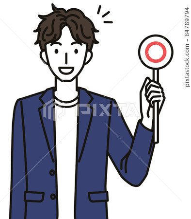 一個穿著辦公室休閒裝的男人，有一個圓蓋 84789794