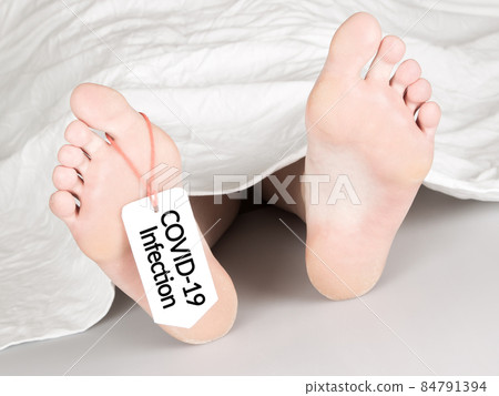 Body with toe tag on white 84791394