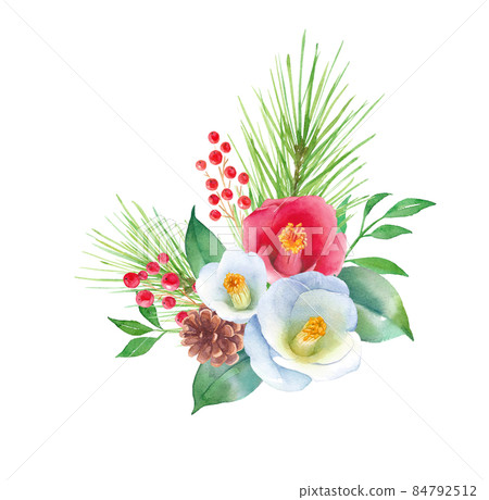 Watercolor illustration of red and white camellia New Year decorations. Pine, nandina and camellia flowers. Lucky thing. (Vector. Layout can be changed) 84792512