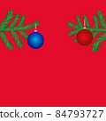 Red Christmas background with fir branches, red and blue balls. 84793727