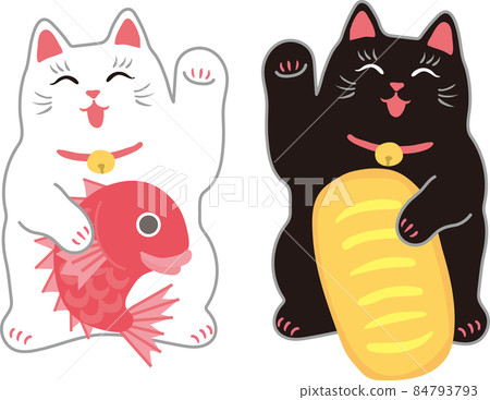 Two beckoning cats _ black cat left hand _ white cat right hand _ smile Two beckoning cats _ black cat left hand _ white cat right hand _ smile 84793793