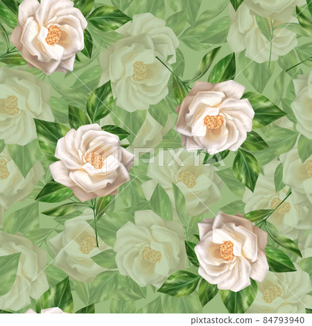 Green floral seamless pattern with white roses... - Stock Illustration ...