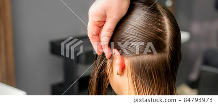 Hairdresser divides female hair into sections with comb holding hair with her hands in hair salon close up. Hairdresser divides female hair into sections with comb holding hair with her hands in hair salon close up. 84793973
