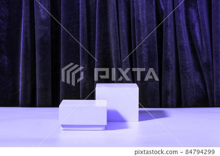 Modern abstract podium of figures, draped velvet curtain in trendy colors very peri. Template for advertising cosmetic products. Front view copy 84794299