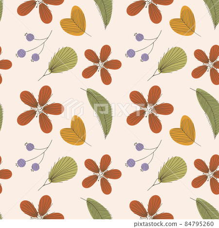 Botanical pattern, flowers and twigs in the style of doodling hand drawing. Botanical pattern, flowers and twigs in the style of doodling hand drawing. 84795260