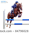 Jockey on horse. Black Horse. Champion. Horse riding. Equestrian sport. Jockey riding jumping horse. Poster. Sport background. Isolated Vector Illustration 84796028
