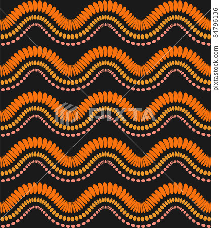 Curved abstract ethnic seamless pattern. 70s geometrical african horizontal tribal ornament, repeating template. Vibrant orange, yellow, pink colors. Black easy editable backround. Vector 84796136