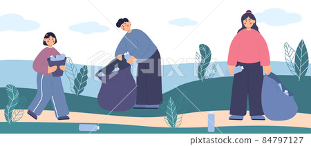 People cleaning shore by collecting garbage into trash bags. Colorful active people ecologists collecting rubbish together. 84797127
