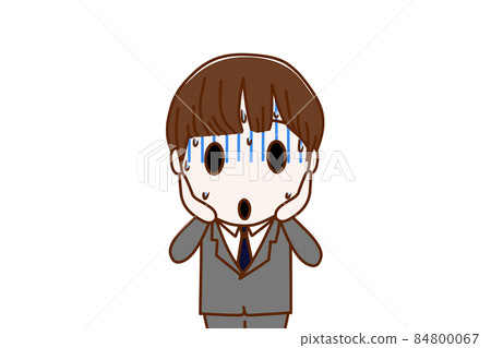 (Front of upper body) A male student who turns deep blue and sweats cold and panics with a face like a haniwa 84800067