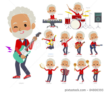 A set of older men in a red jersey playing rock and roll and pop music 84800393